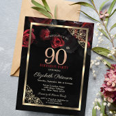 Elegante Rote Rosen gestalten Schwarz zum 90. Gebu Einladung