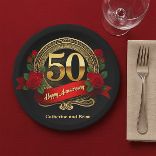 Elegante Rote Rosen & Gold 50 Jahre Hochzeit Pappteller