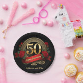 Elegante Rote Rosen & Gold 50 Jahre Hochzeit Pappteller (Party)