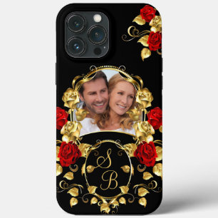 Elegante Rote Rosen Gold Black Foto Monogram Case-Mate iPhone Hülle