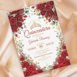 Elegante rote Rosen goldene Schmetterlinge Quincea Einladung