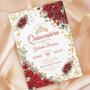 Elegante rote Rosen goldene Schmetterlinge Quincea Einladung