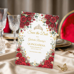 Elegante rote Rosen goldene Schmetterlinge Quincea Save The Date
