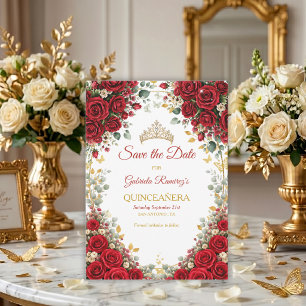 Elegante rote Rosen goldene Schmetterlinge Quincea Save The Date
