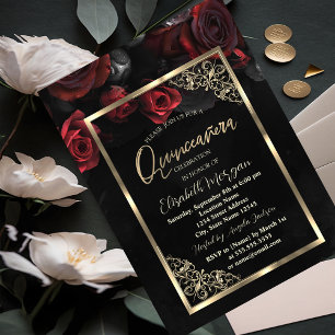 Elegante rote Rosen Goldrahmen Schwarz Quinceañera Einladung