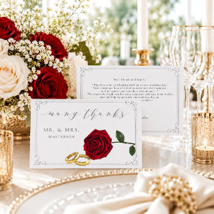 Elegante rote Rosen-Goldringe Hochzeit Danke