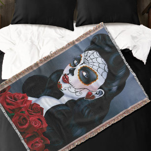 Elegante rote Rosen gotische Zucker-Schädel-Frau Decke