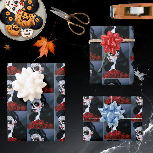 Elegante rote Rosen gotische Zucker-Schädel-Frau Geschenkpapier Set