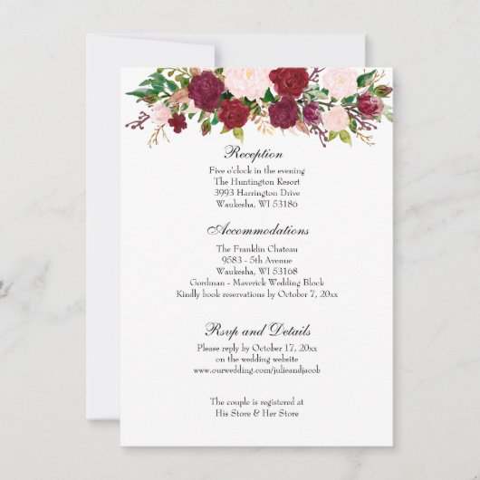 Elegante Rote Rosen Hochzeitsempfang Einladung (Vorderseite)