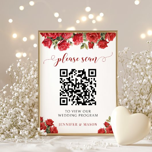 Elegante rote Rosen-Hochzeitsprogramm-QR-Code Poster
