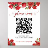 Elegante rote Rosen-Hochzeitsprogramm-QR-Code Poster (Vorne)
