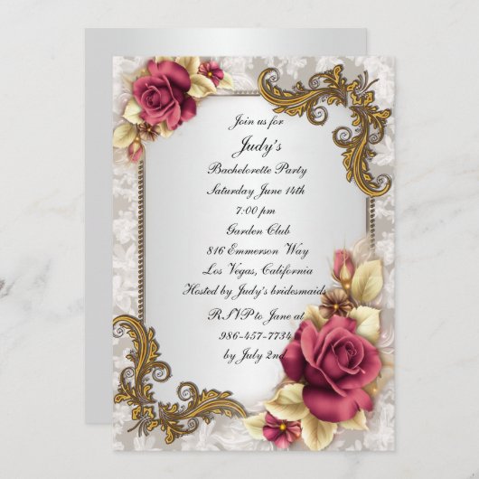 Elegante Rote Rosen Junggeselinnen-Abschied Einlad Einladung (Vorne/Hinten)