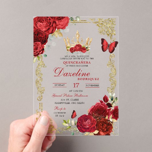 Elegante Rote Rosen Kronen Quinceanera Einladung (Insitu (Handheld))