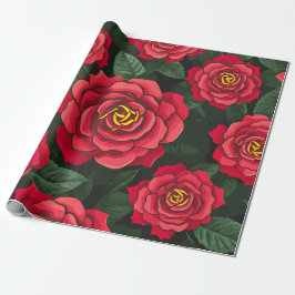 Elegante Rote Rosen mit einem Muster für grüne Blä Geschenkpapier