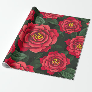 Elegante Rote Rosen mit einem Muster für grüne Blä Geschenkpapier