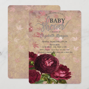 Elegante rote Rosen mit fallenden Blättern Baby Sh Einladung