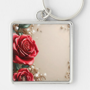 Elegante Rote Rosen mit Goldenen Ornamenten Schlüsselanhänger
