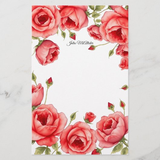 Elegante Rote Rosen mit Persönlichem Script Briefpapier (Vorderseite)