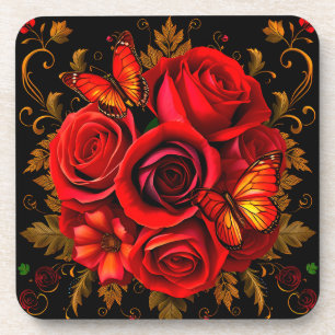 Elegante rote Rosen mit Schmetterlingen Getränkeuntersetzer