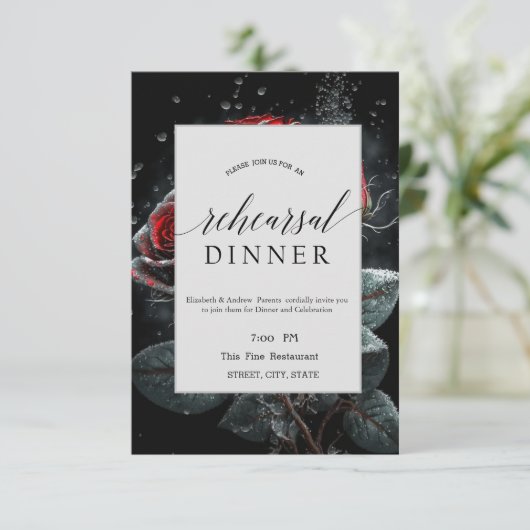Elegante Rote Rosen Schwarze Probe Abendessen Einladung (Stehend Vorderseite)