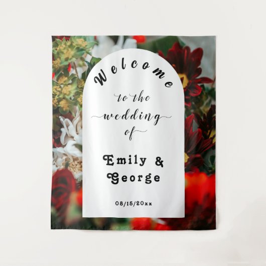 Elegante Rote Rosen Sommerblumenhochzeit Willkomme Wandteppich (Vorderseite)