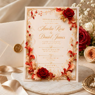 Elegante rote Rosen- und goldene Blumen-Hochzeitse Einladung