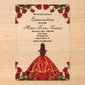 Elegante Rote Rosen und Gown Quinceñera Acryleinladungen (Vorderseite)