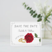 Elegante Rote Rosen und Rings Wedding speichern da Postkarte (Stehend Vorderseite)