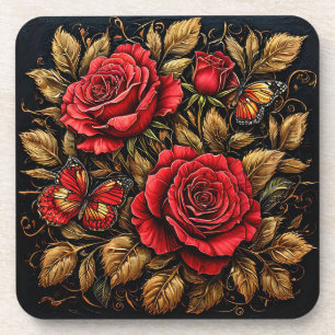 Elegante rote Rosen und Schmetterlinge Getränkeuntersetzer