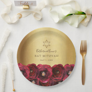 Elegante rote Rosenblüten-Gold-Bat-Mizwa Pappteller