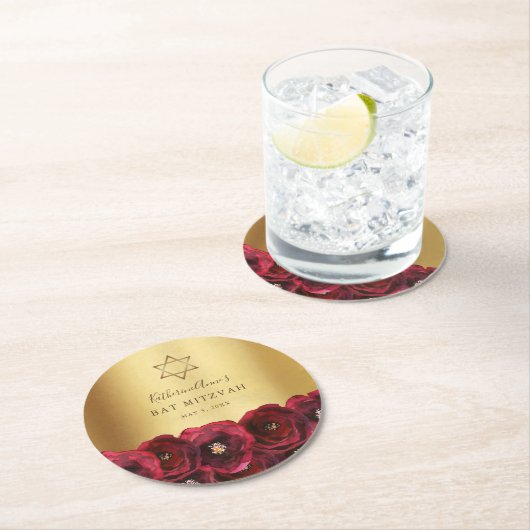 Elegante rote Rosenblüten-Gold-Bat-Mizwa Runder Pappuntersetzer (Vor Ort)