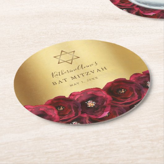 Elegante rote Rosenblüten-Gold-Bat-Mizwa Runder Pappuntersetzer (Angewinkelt)