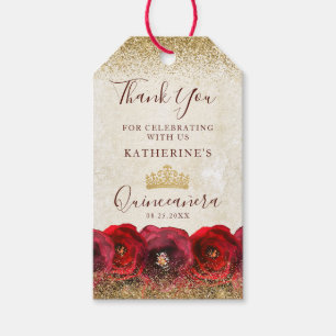 Elegante rote Rosenblüten-Gold-Krone Quinceañera Geschenkanhänger