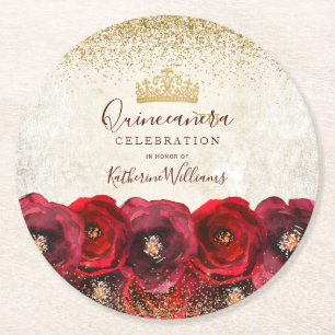 Elegante rote Rosenblüten-Goldkrone Quinceañera Runder Pappuntersetzer