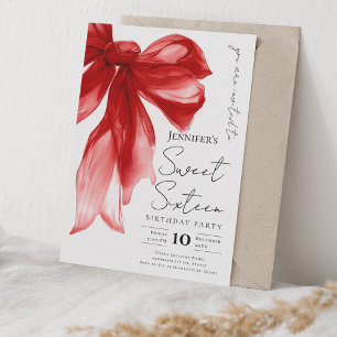 Elegante rote Schleife Coquette Schrift Süße 16-Pa Einladung