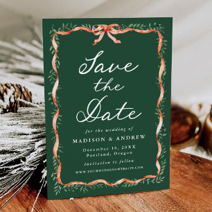 Elegante rote Schleife und Grün für die Hochzeit i Save The Date