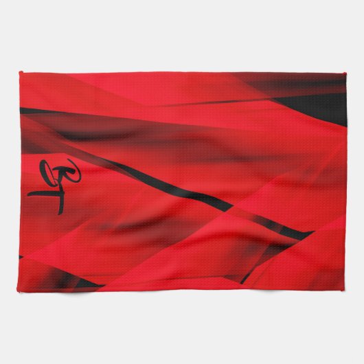 Elegante rote schwarze abstrakte Designinitialen Geschirrtuch (Horizontal)