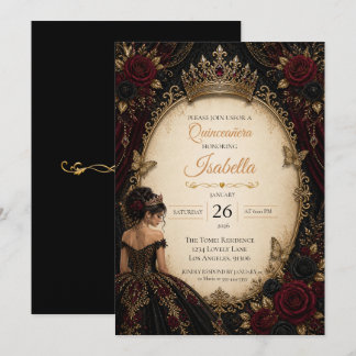 Elegante rote schwarze goldene Quinceañera Einladung