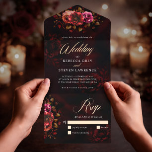 Elegante rote schwarze launische Blumenhochzeit Al All In One Einladung