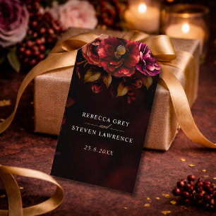 Elegante rote schwarze launische florale Hochzeit Geschenkanhänger
