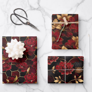 Elegante rote, schwarze und goldene florale Marmor Geschenkpapier Set