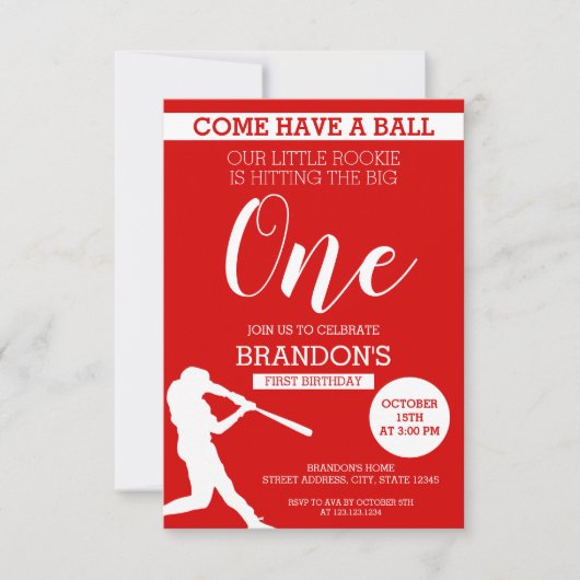 Elegante Rote Silhouette Baseball 1. Geburtstag Einladung (Vorderseite)