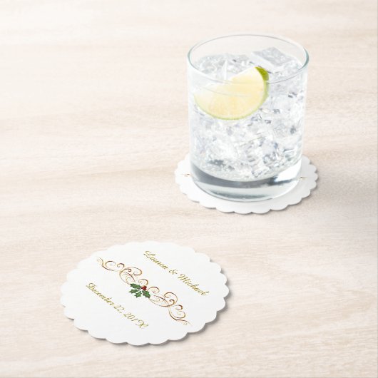 Elegante rote Stechpalmen-Weihnachtshochzeit Untersetzer (Vor Ort)