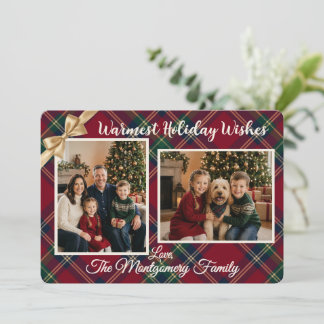 Elegante rote Tartan-Weihnachtskarte mit zwei Foto Feiertagskarte