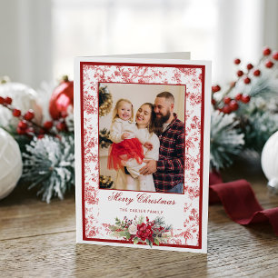 Elegante rote Toile mit Winter-Blumen-Foto Feiertagskarte