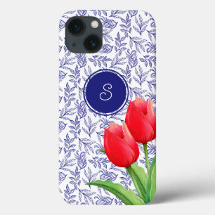 Elegante rote Tulpen Frühlingsblumen Blaues Monogr Case-Mate iPhone Hülle