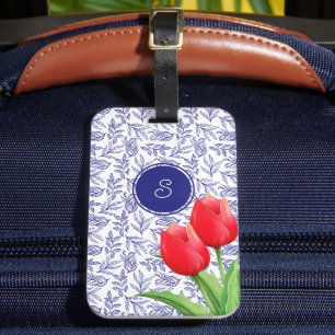 Elegante rote Tulpen Frühlingsblumen blaues Monogr Gepäckanhänger