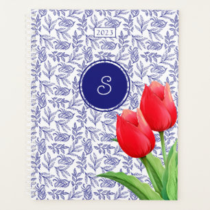Elegante rote Tulpen Frühlingsblumen blaues Monogr Planer