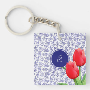 Elegante rote Tulpen Frühlingsblumen Blaues Monogr Schlüsselanhänger