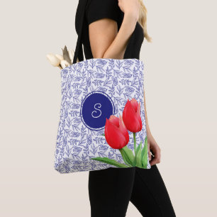 Elegante rote Tulpen Frühlingsblumen Blaues Monogr Tasche